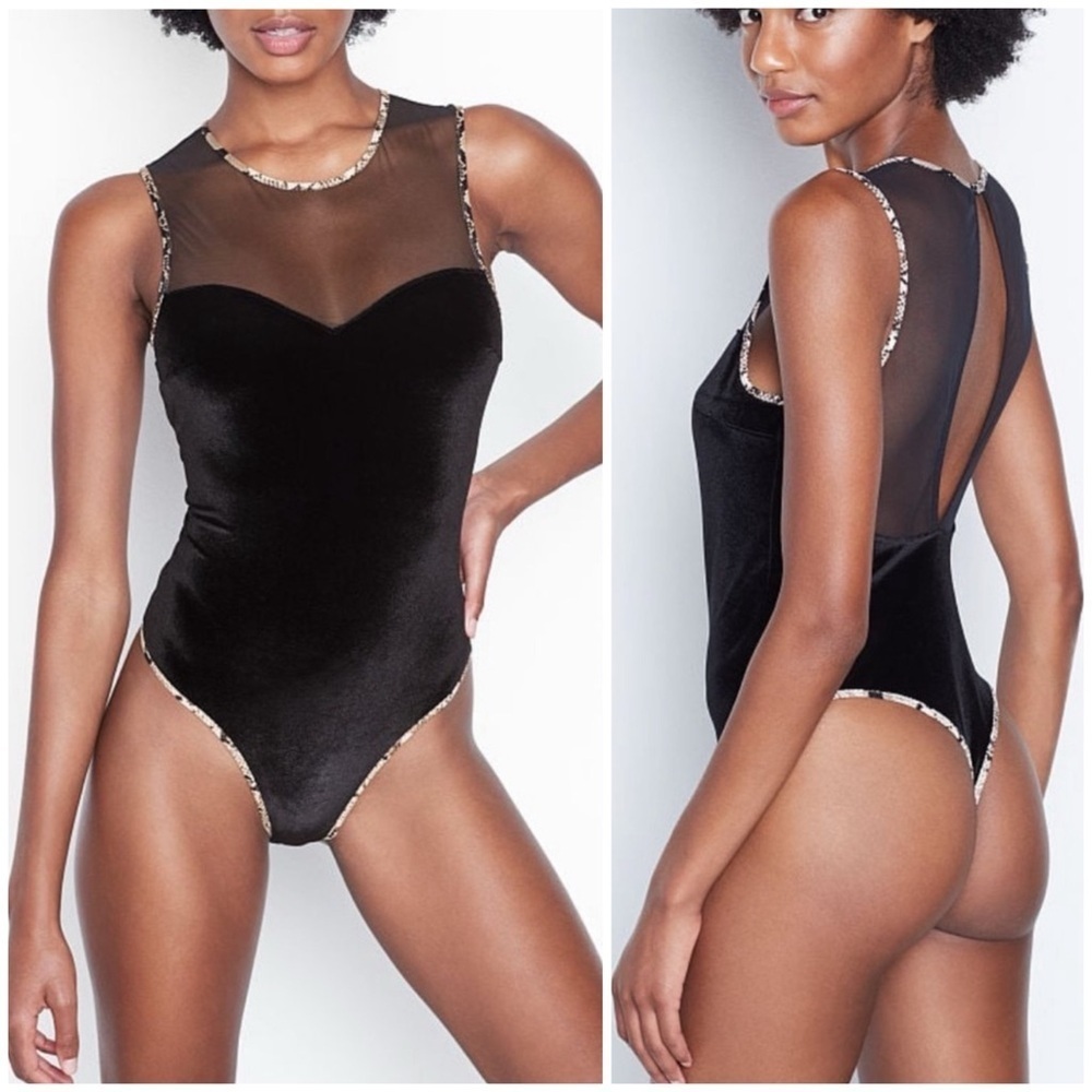 Victoria’s Secret velvet body suit, backless, sleeveless, animal print trim,S